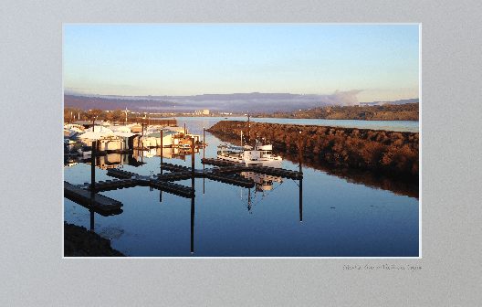 Dawn at The Dalles, with tug boat on the Columbia River